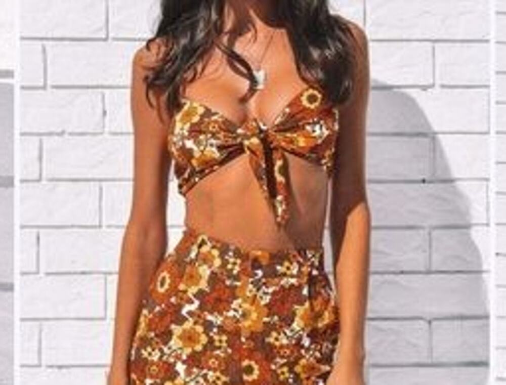 Her Pony Margaux Tie Front Mini Crop Orange Flower Power Bralette